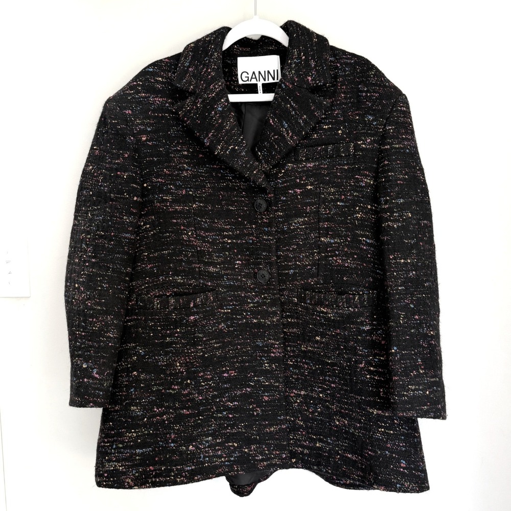 GANNI Oversized Wool Blend Rainbow Tweed Coat Jacket Black Speckled SZ S/M